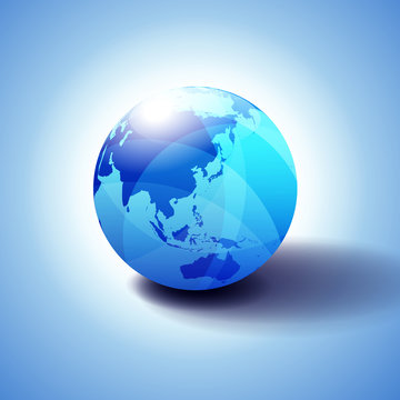 Far East China, Japan, Malaysia, Thailand and Indonesia, Background with Globe Icon 3D illustration, Glossy, Shiny Sphere with Global Map in Subtle Blues giving a transparent feel.