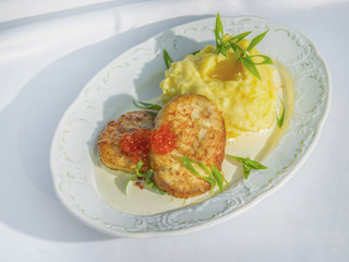 Fish Cutlets With Mashed Potatoes And Red Caviar