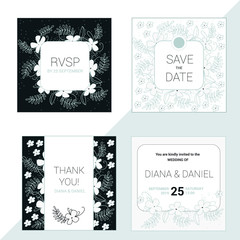 Set of 4 wedding pale green invitation cards. Square layout templates.