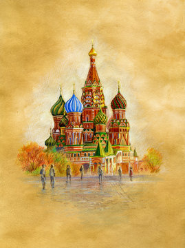 st basils cathedral in moscow russia.Watercolor illustration on vintage paper.