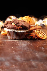 Chocolate muffin and nut muffin, homemade bakery on dark background.