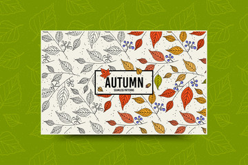 Autumn leaf seamless pattern. Fall leaves texture. Seasonal web banner template with leaf pattern. Frame with acorn and autumn maple and grapes leaves. Leaflet for text. Fall season. Vector