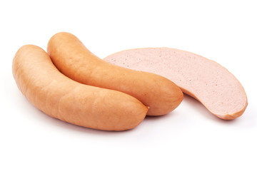 Delicious boiled sausages, close-up, isolated on white background