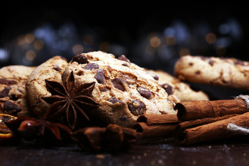 Chocolate cookies on rustic table. Chocolate chip cookies shot