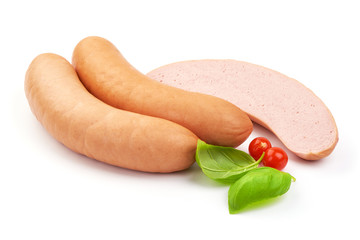 Delicious boiled sausages with basil leaves, isolated on white background