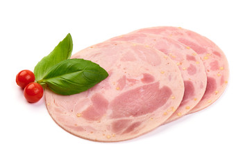 Country Pork Ham slices with basil leaves and Physalia berries, close-up, isolated on a white background
