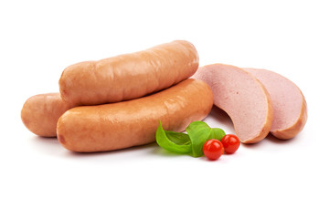 Fresh boiled sausages with basil, isolated on white background.