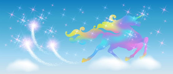 Unicorn in the blue sky with winding mane against the background of the iridescent universe with sparkling stars and firework
