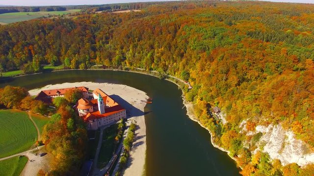 Aerial view to Weltenburg Abbey - Kloster Weltenburg. This landmark is a Benedictine monastery in Weltenburg in Kelheim on the Danube in Bavaria, Germany.