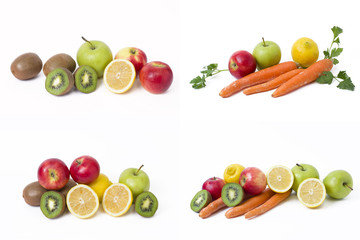 Fruits in a composition on a white background. Lemon with apples and kiwi on white background. Fruits with carrots on a white background.