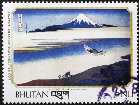 Mount Fuji painted by Hokusai on japanese postage stamp