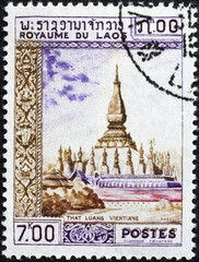 Temple on postage stamp of Laos