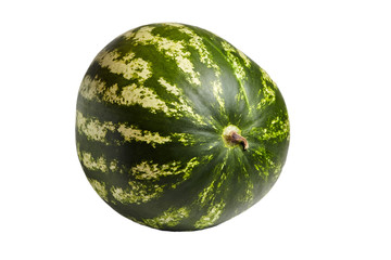 Whole watermelon berry with green striped peel isolated on white background. Gourd culture has a strong diuretic property