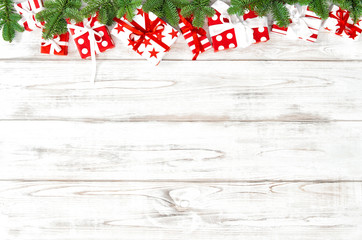 Fototapeta na wymiar Red white gift boxes ribbon bow Christmas decoration