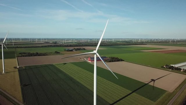 Aerial of wind turbines in Dutch polder landscape