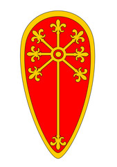 Medieval Red Kite Shield with golden fleur de lis decoration © shoricelu