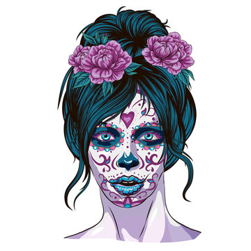 anta muerte woman make up sugar skull girl face with flowers wreath hand drawn