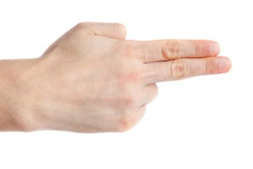 An outstretched hand with folded fingers. Gesture on a white background. The gesture shows the direction of movement. Open hand isolated.