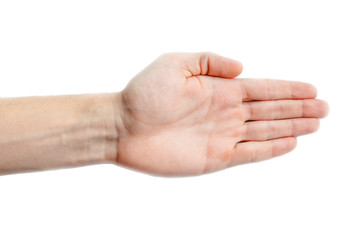 An outstretched hand with folded fingers. Gesture on a white background. The gesture shows the direction of movement. Open hand isolated.