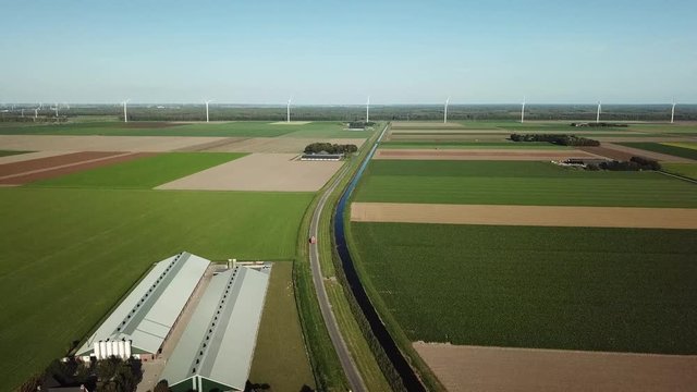 Aerial of wind turbines in Dutch polder landscape