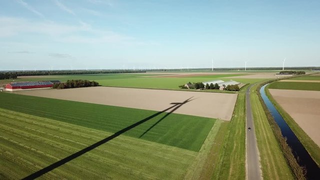 Aerial of wind turbines in Dutch polder landscape