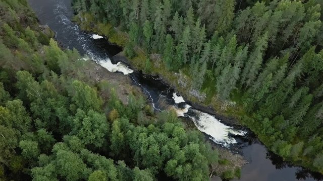 Aerial footage of a Karelian waterfall Kivach, ending reaveal shot, forest full water stream over the top, beautiful nature, foam on water
