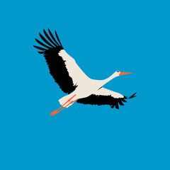 Flat Stork. Isolated stork on blue background