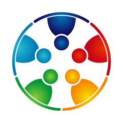 Group of five people in a circle.Teamwork meeting.people are meeting in the room.Powerful combined forces.