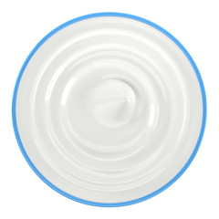 Blue bowl of sour cream, yogurt, mayonnaise. Top view. Isolated on white background. 3D illustration
