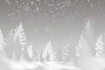Winter landscape background with falling snow, spruce forest silhouette.