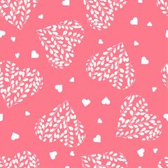 Seamless pattern with white hearts on pink background. Branches with leaves in the heart. Romantic wallpaper, textile, clothes, wrapping paper.