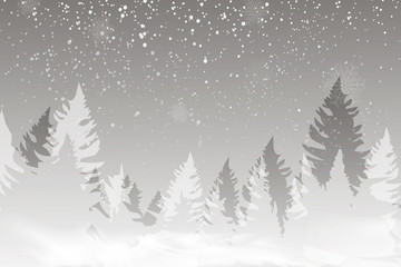 Winter landscape background with falling snow, spruce forest silhouette.