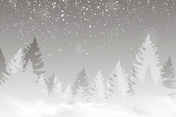 Winter landscape background with falling snow, spruce forest silhouette.