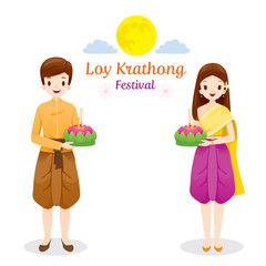 Loy Krathong Festival, Couple in National Costume Standing, Celebration and Culture of Thailand, Asia, Feast, Season, Religion