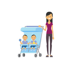 mother baby sister brother twins double blue stroller full length avatar on white background, successful family concept, flat cartoon vector illustration