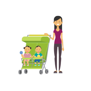mother baby sister brother twins double green stroller full length avatar on white background, successful family concept, flat cartoon vector illustration