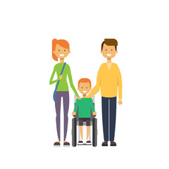 father mother son wheelchair full length avatar on white background, successful family concept, flat cartoon vector illustration