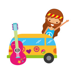 hippie man cartoon van car and guitar