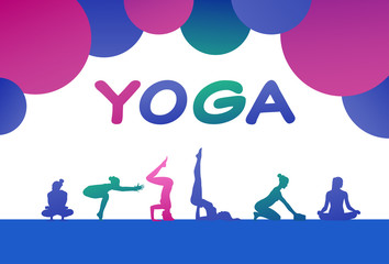 colourful sports people silhouette, group of diversity yoga poses woman, successful team relationships concept horizontal vector illustration