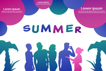 colourful people silhouette, group of diversity man woman, summer concept bubbles white background horizontal copy space vector illustration