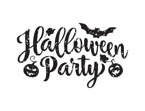 Halloween Party poster. Hand drawn lettering  with scratches on white background