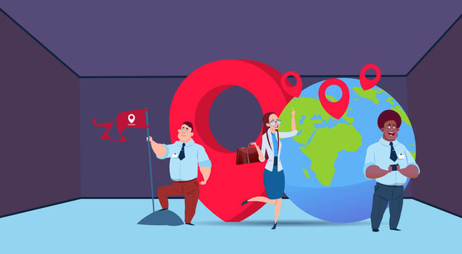 mix race businessman working together, business people with geolocation flag globe flat vector illustration