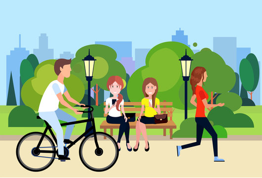 public urban park woman man sitting wooden bench outdoors walking cycling running green lawn trees on city buildings template background flat vector illustration