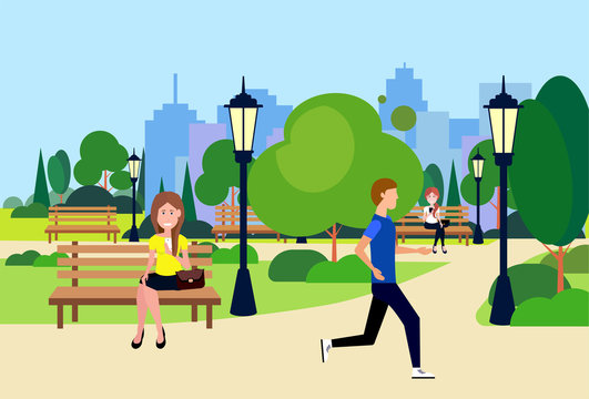public urban park outdoors man running woman sitting wooden bench street lamp green lawn trees on city buildings template background flat vector illustration