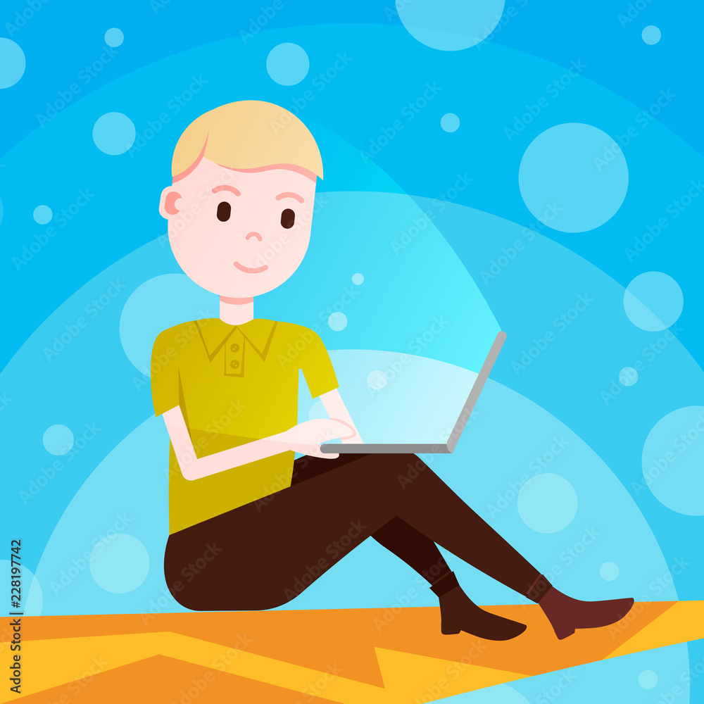 Poster boy sitting at computer hacker activity concept on yellow background viruses data privacy attack int
