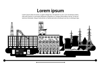 Factory building nature pollution plant pipe waste. silhouette of an oil drilling rig on white background. banner. flat copy space vector illustration