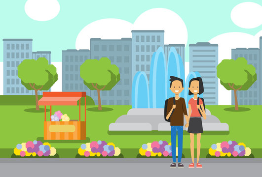 teenager boy girl couple in love, full length avatar over city park ice cream fountain flowers green lawn trees template background flat vector illustration
