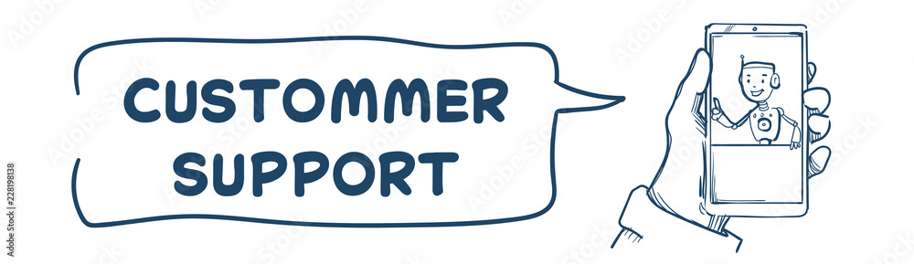 Poster support center hand hold robot agent mobile application artificial intelligence client online operat