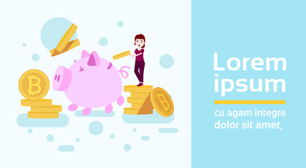 girl character put bitcoins to piggy box money growth female template for design work and animation on white background full length flat copy space vector illustration