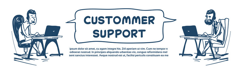 support center headset agent man client bubble online operator sit at office deck laptop customer and technical service icon, chat concept white background sketch copy space banner vector illustration